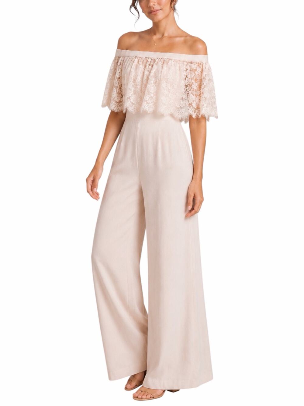 Theia BHLDN Mila Off the Shoulder Lace Jumpsuit Pink Braidesmaid Size 8